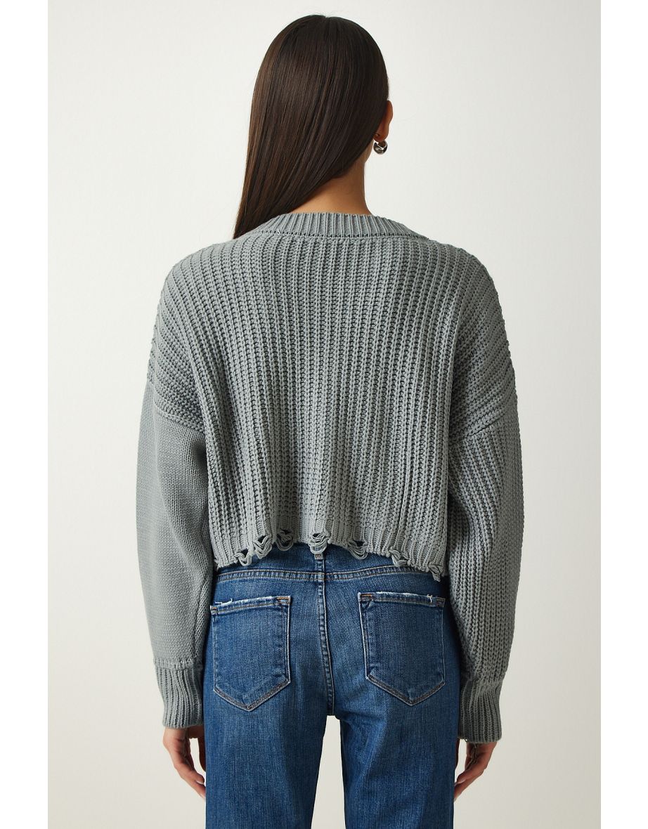 Women's Stone Ripped Detailed Buttoned Crop Knitwear Cardigan - 6