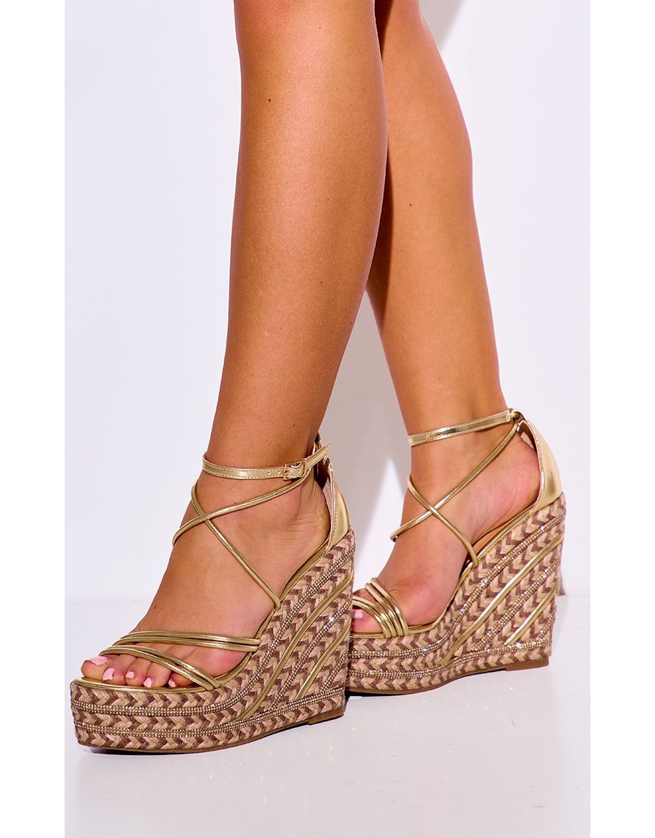 Gold Pu Round Toe Asymmetric Strap Diamante Platform Heeled Wedges