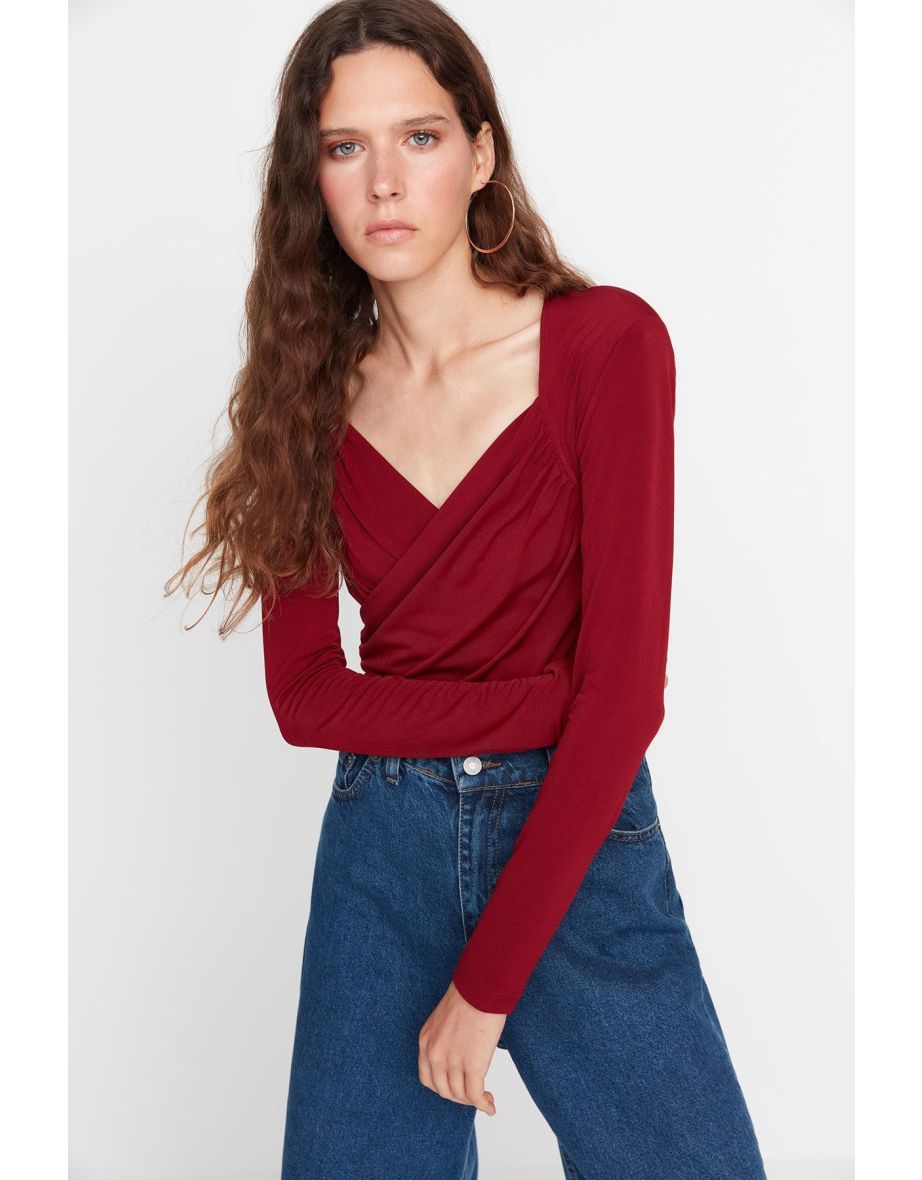 Burgundy Waistband Draped Detailed Fitted/Situated Flexible Snaps Knitted Bodysuit