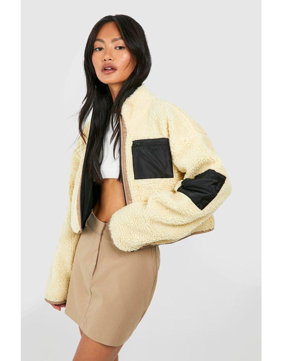 Contrast Nylon Utility Pocket Teddy Zip Jacket - grey