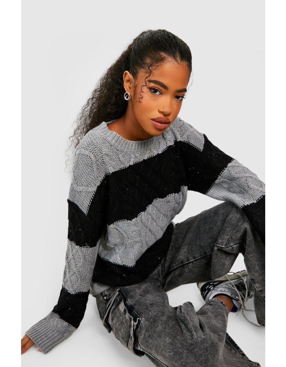 Shop Sequin Stripe Oversized Cable Knit Longline Jumper charcoal Online in Qatar VogaCloset