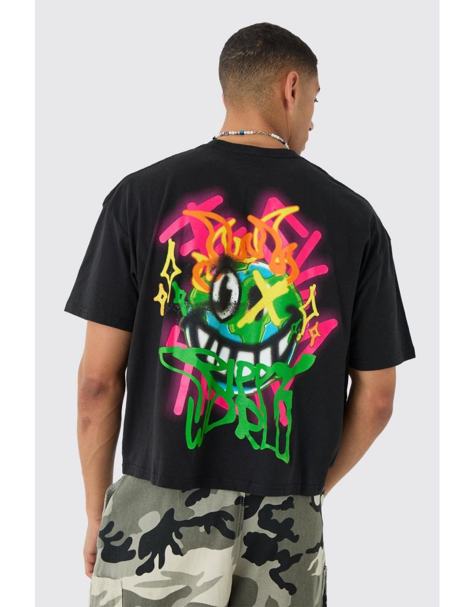 Oversized Boxy Extended Neck Trippy Graffiti Print T-shirt - black