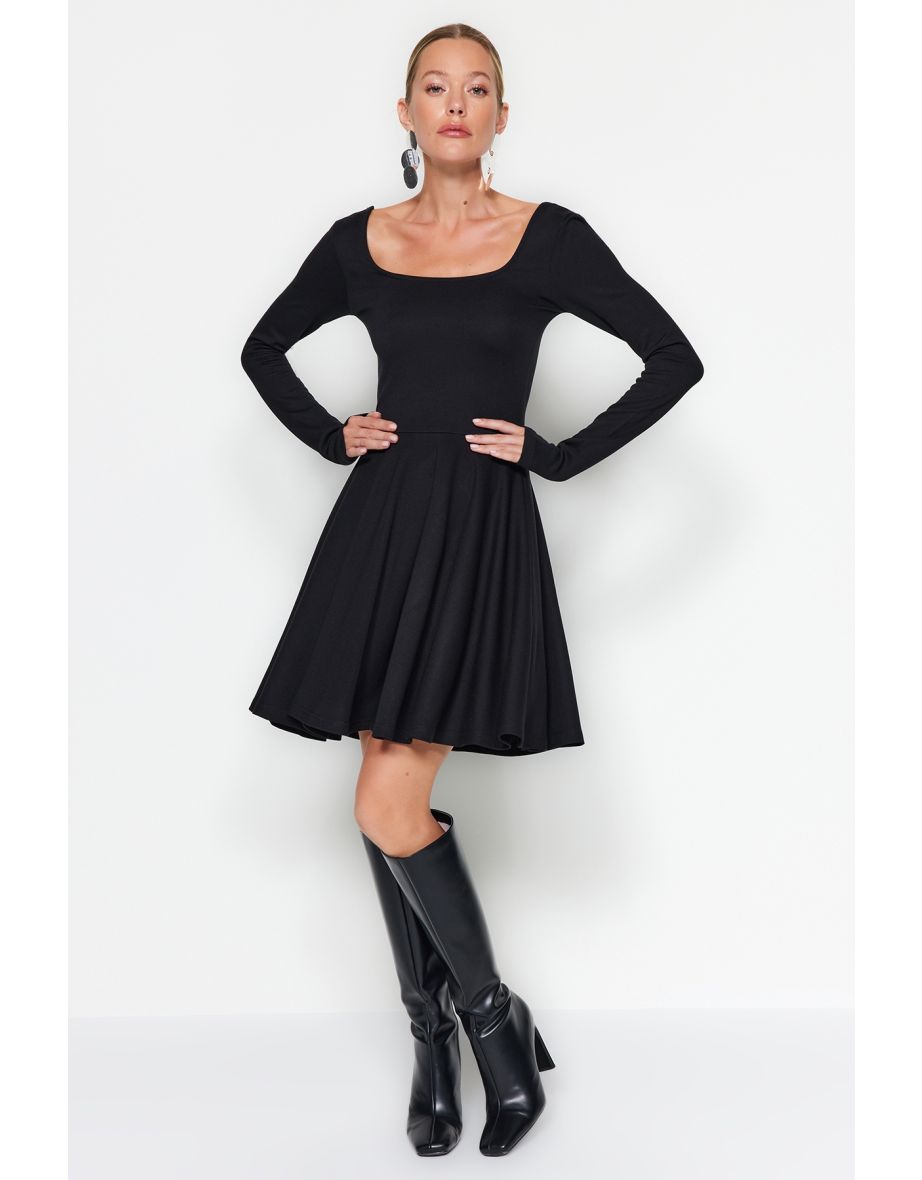 Black Pleated A-Line Mini Skater Dress with Long Sleeves