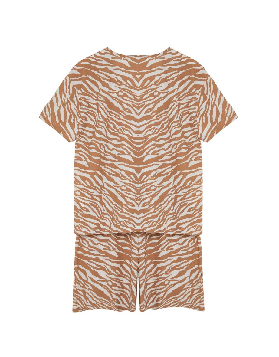 Camel Animal Patterned V-Neck Knitted Pajama Set - 7