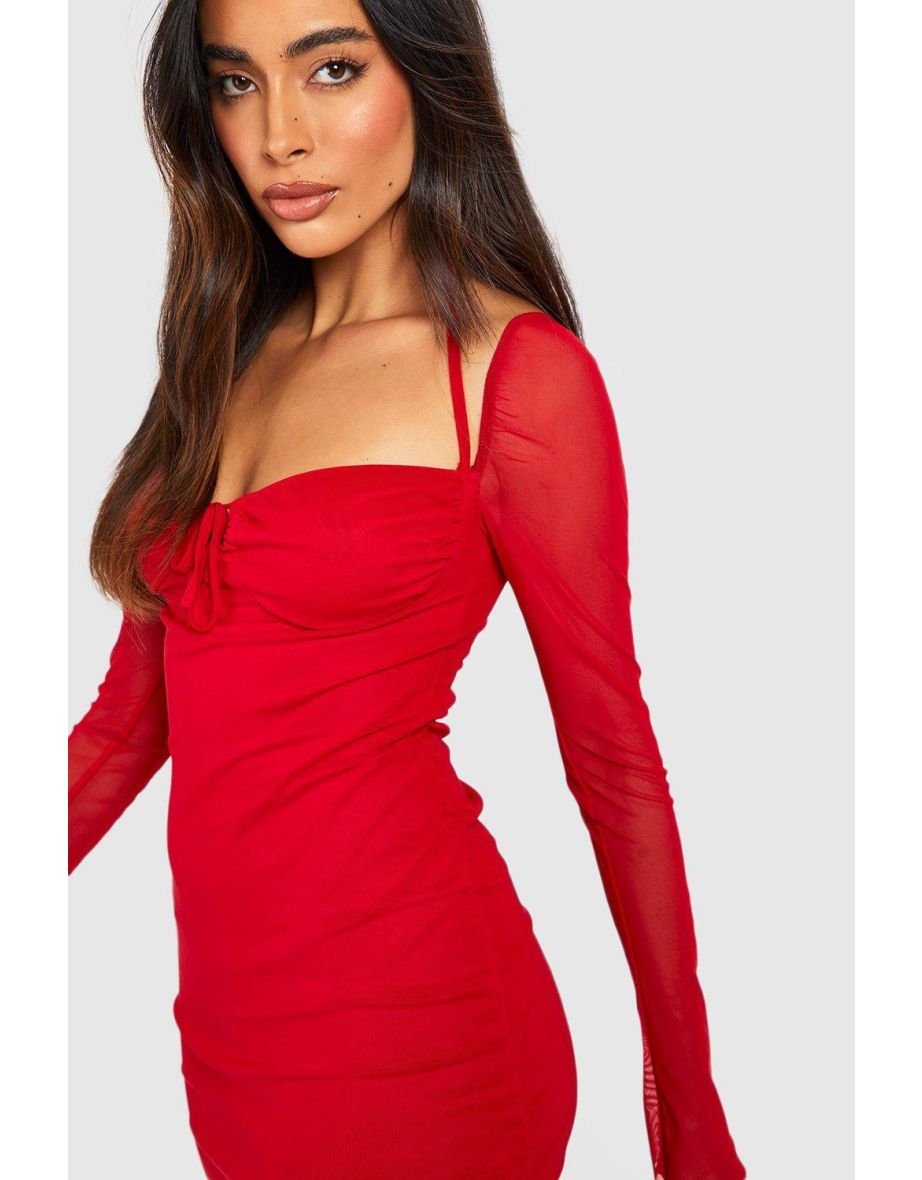 Mesh Long Sleeve Bodycon Mini Dress - red - 3