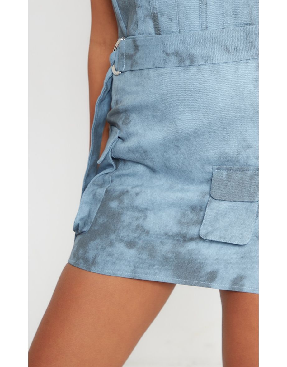 Blue Acid Wash Corset Belted Pocket Bodycon Dress - 3