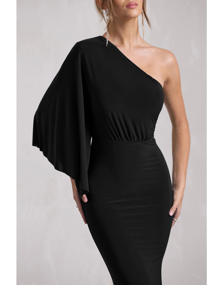 Luciana | Black Asymmetric Maxi Dress With Drape Sleeve - 4
