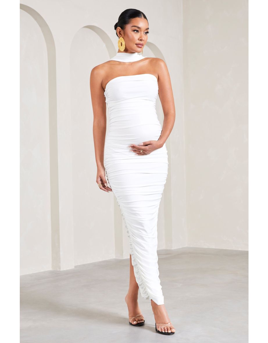 Truly | White Ruched Maternity Maxi Dress With Halter Collar - 4