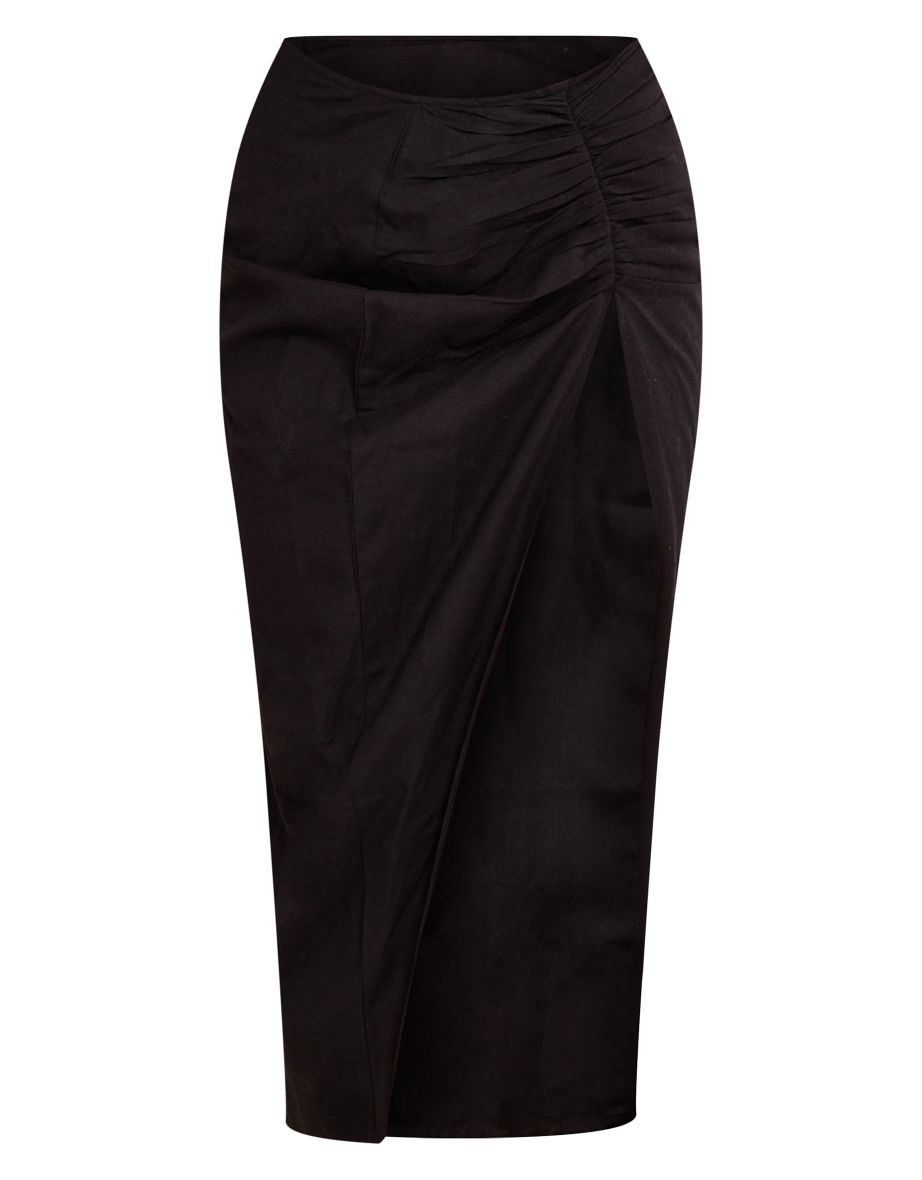 Black Linen Look Ruched Split Detail Midi Skirt - 4