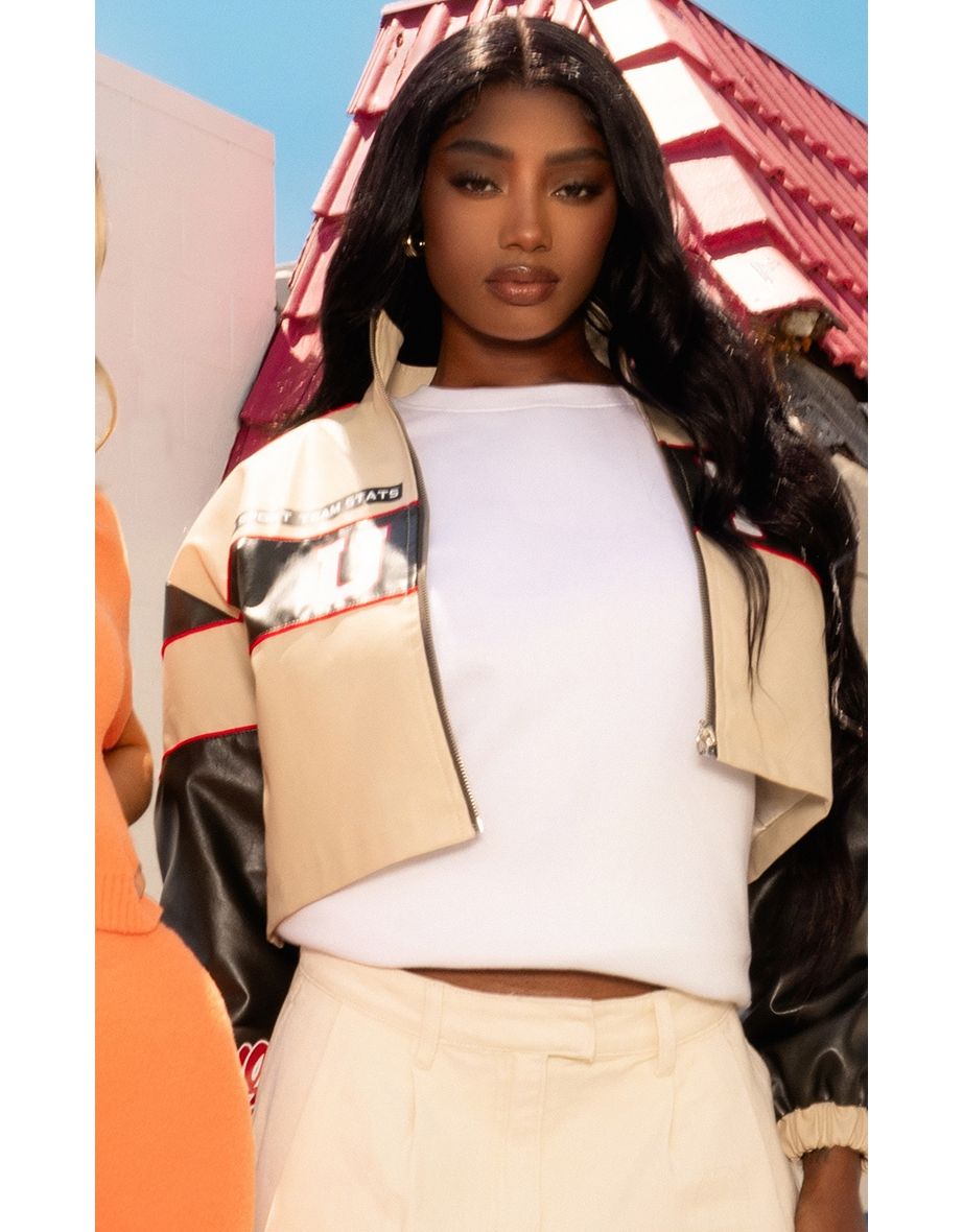 Cream And Black Auto PU Bomber Jacket - 3