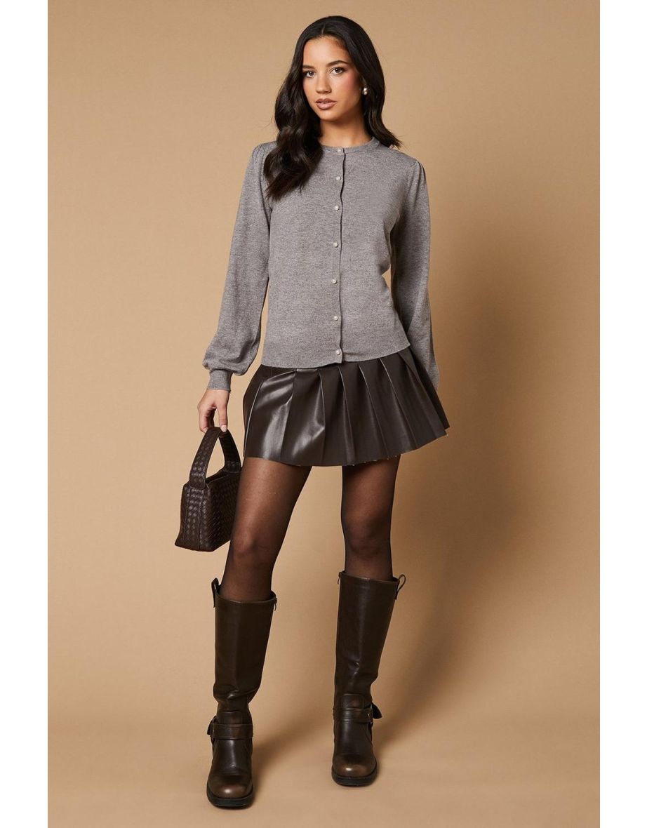 Pearl Button Through Puff Sleeve Cardigan