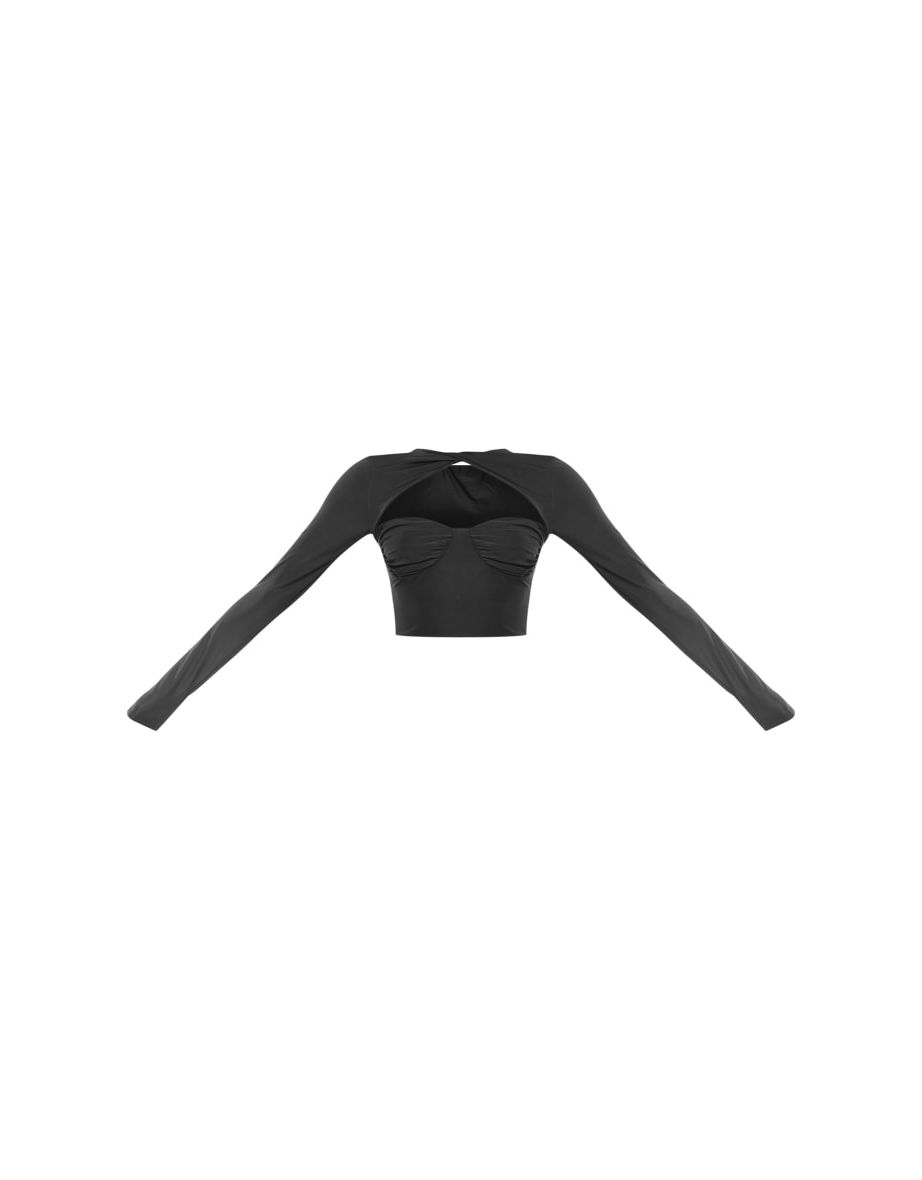 Black Slinky Bust Detail Cut Out Crop Top - 4