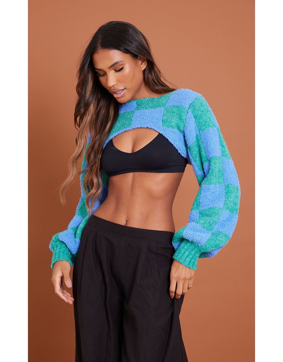 Blue Checker Board Fluffy Knit Super Crop Jumper