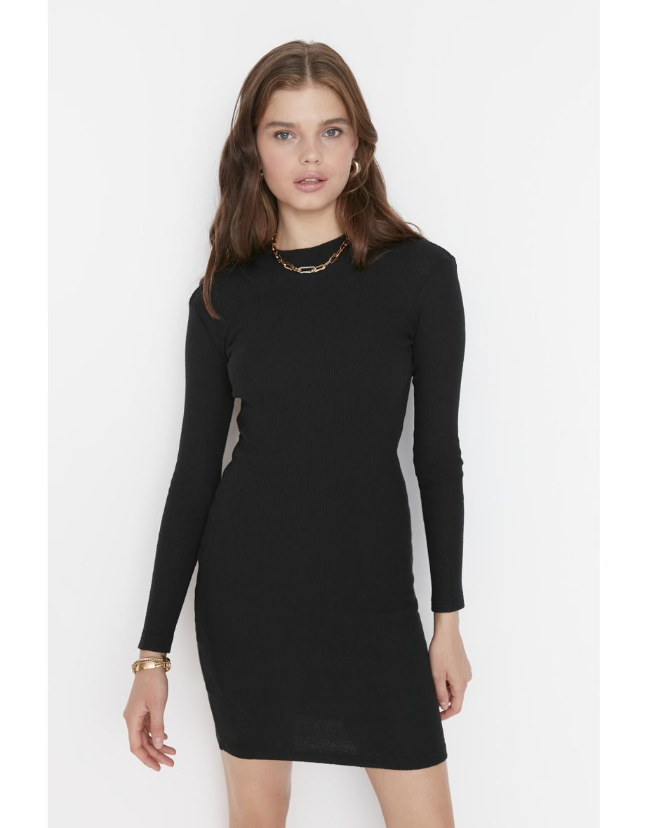 Black Bodycon Mini Jumper Dress with Long Sleeves - 5