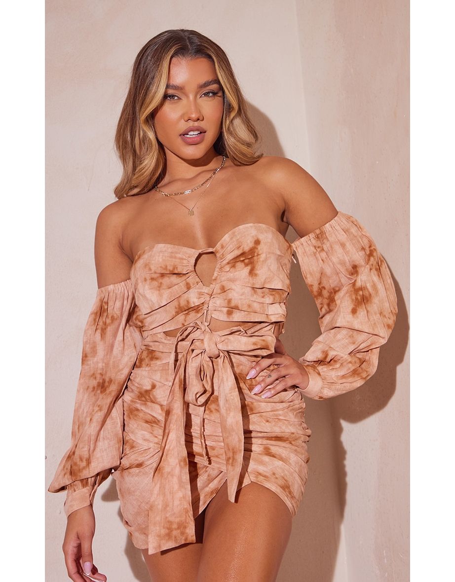 Stone Tie Dye Linen Bandeau Tie Bust Detail Bodycon Dress