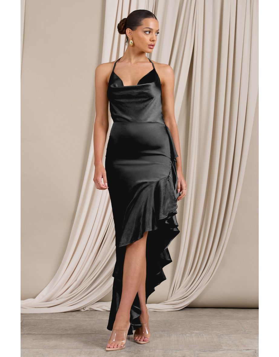 Lady Rosselini | Black Strappy Asymmetric Ruffled Maxi Dress - 4