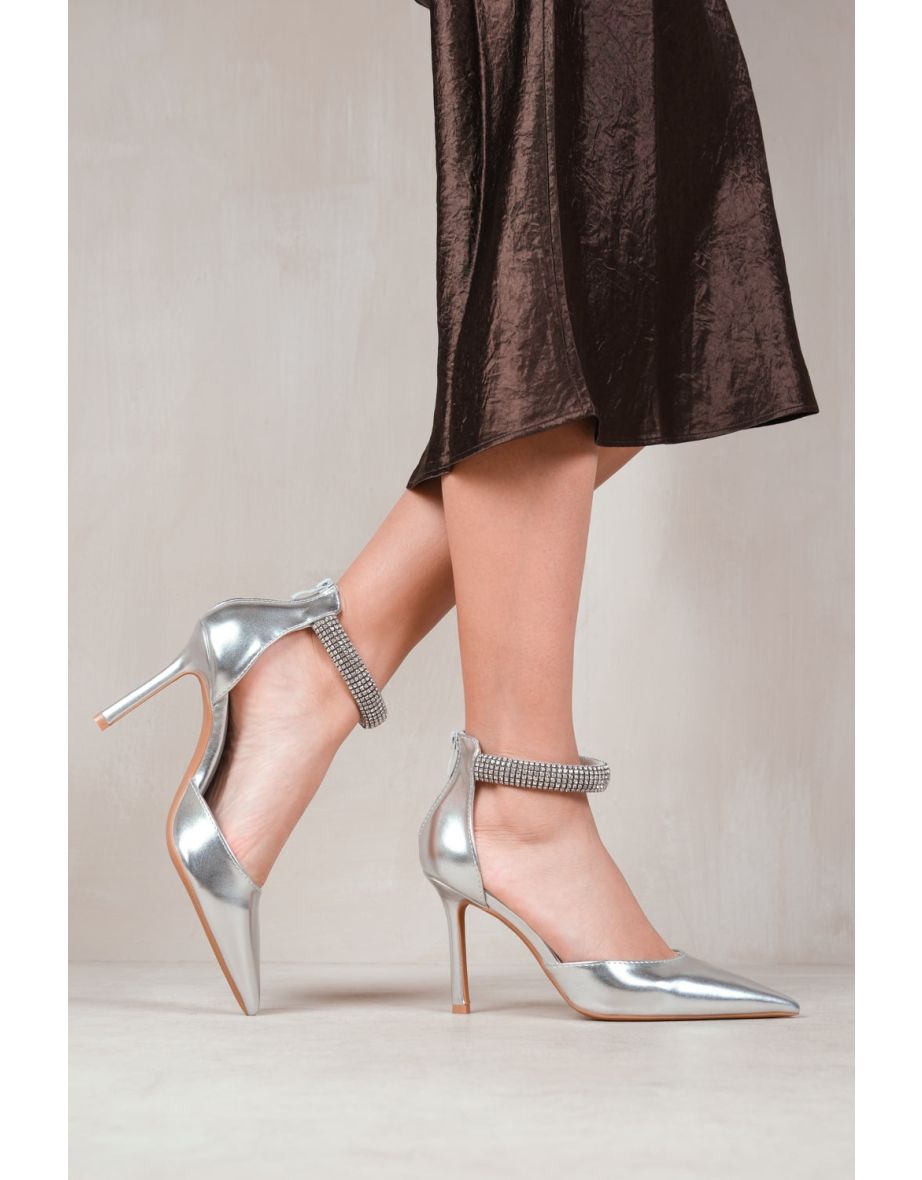 SAPPHIRE POINTED TOE HIGH HEELS WITH DIAMANTE DETAIL ANKLE STRAP IN SILVER METALLIC - 1