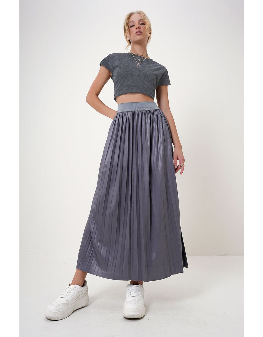 Women Anthracite Elastic Waist Pleated Skirt