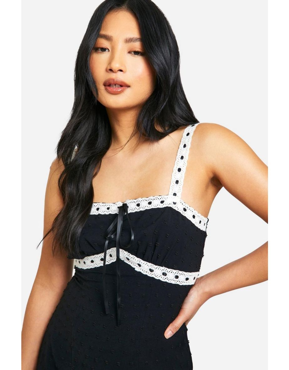 Petite Textured Woven Lace Trim Mini Dress - black - 3