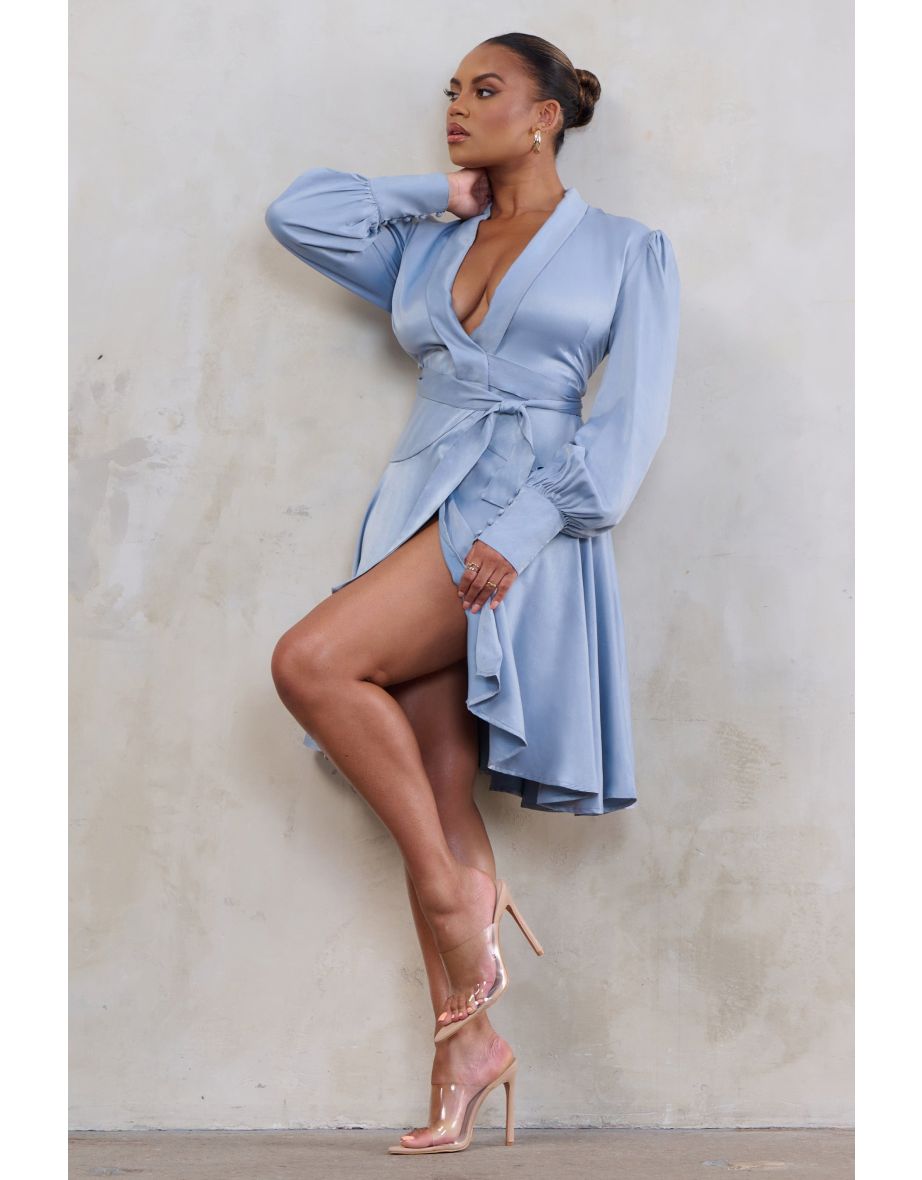 Curve Blue Satin Wrap Mini Dress - 3