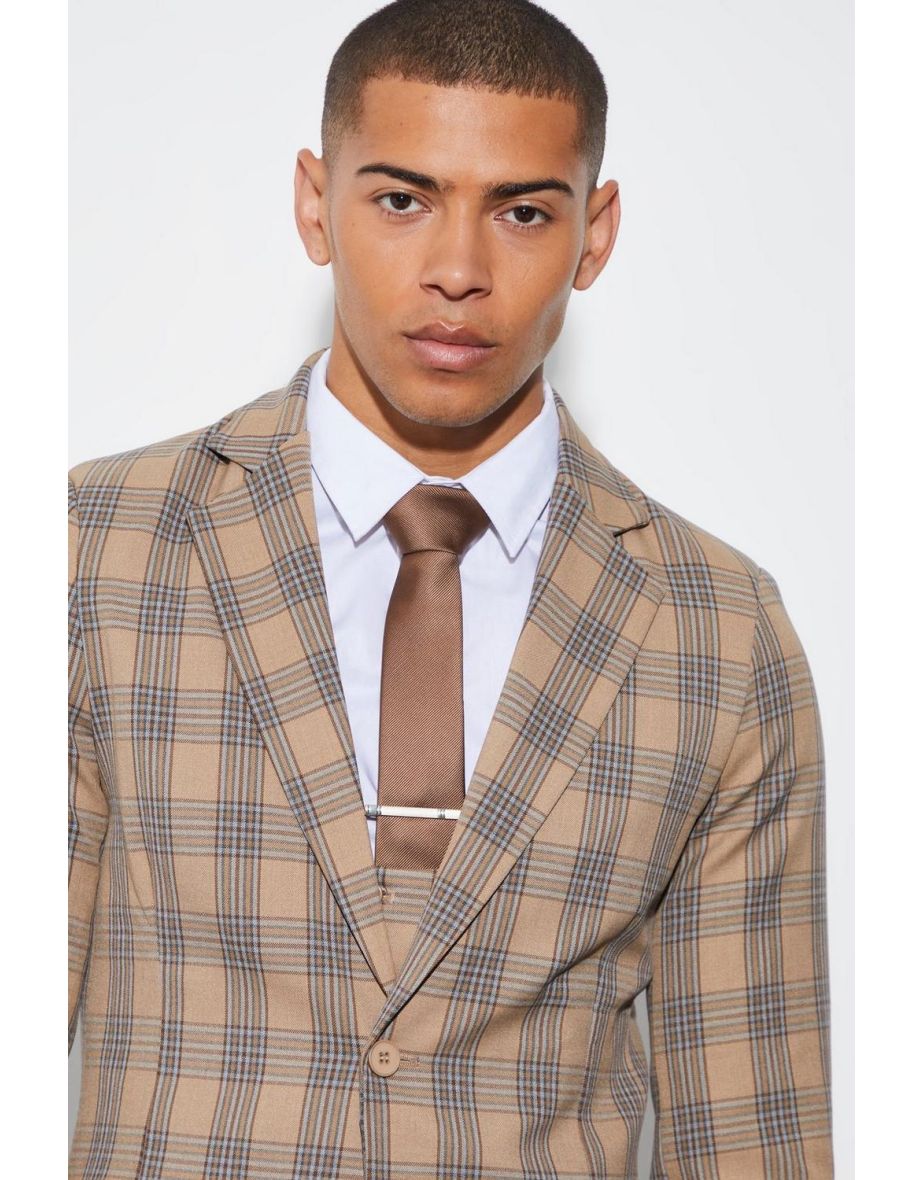 Skinny Single Breasted Check Suit Jacket - beige - 1