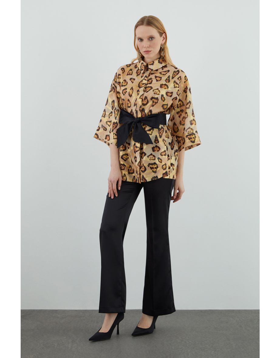 Stand Collar Belted Leopard Print Shirt with Batwing Sleeves