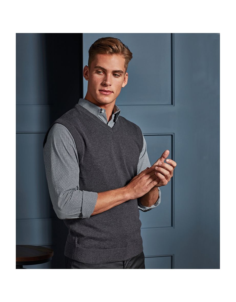 Premier Mens Sleeveless Cotton Acrylic V Neck Sweater - Charcoal