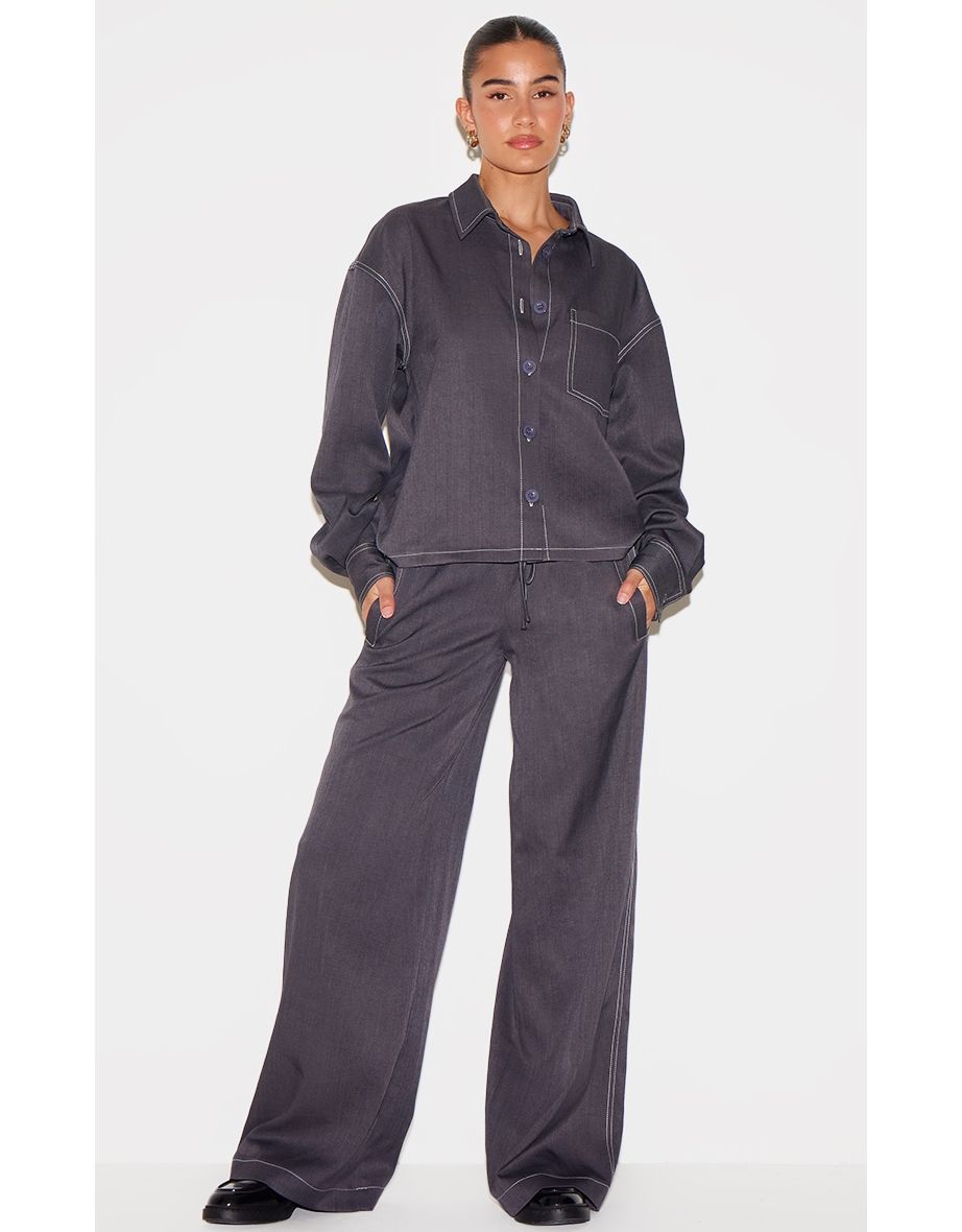 Charcoal Woven Contrast Stitch Wide Leg Trousers