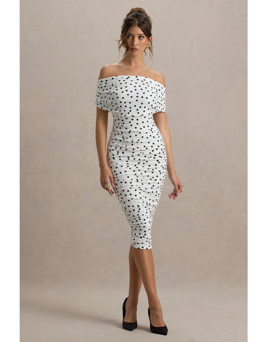 Rayleigh | Polka Dot Bardot Ruched Midi Dress