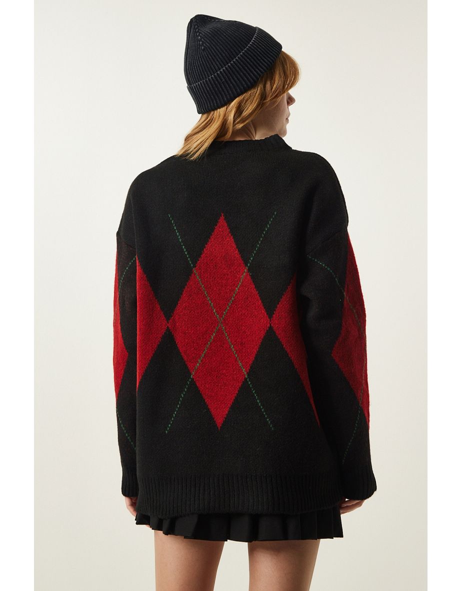 Black Red Premium Diamond Pattern Oversize Knitwear Sweater - 5