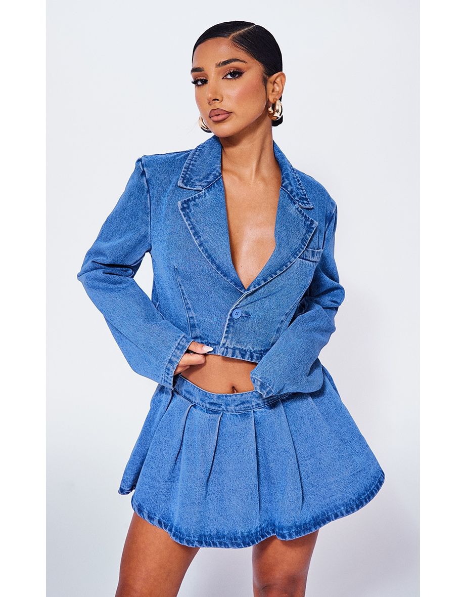 Petite Blue Cropped Denim Blazer