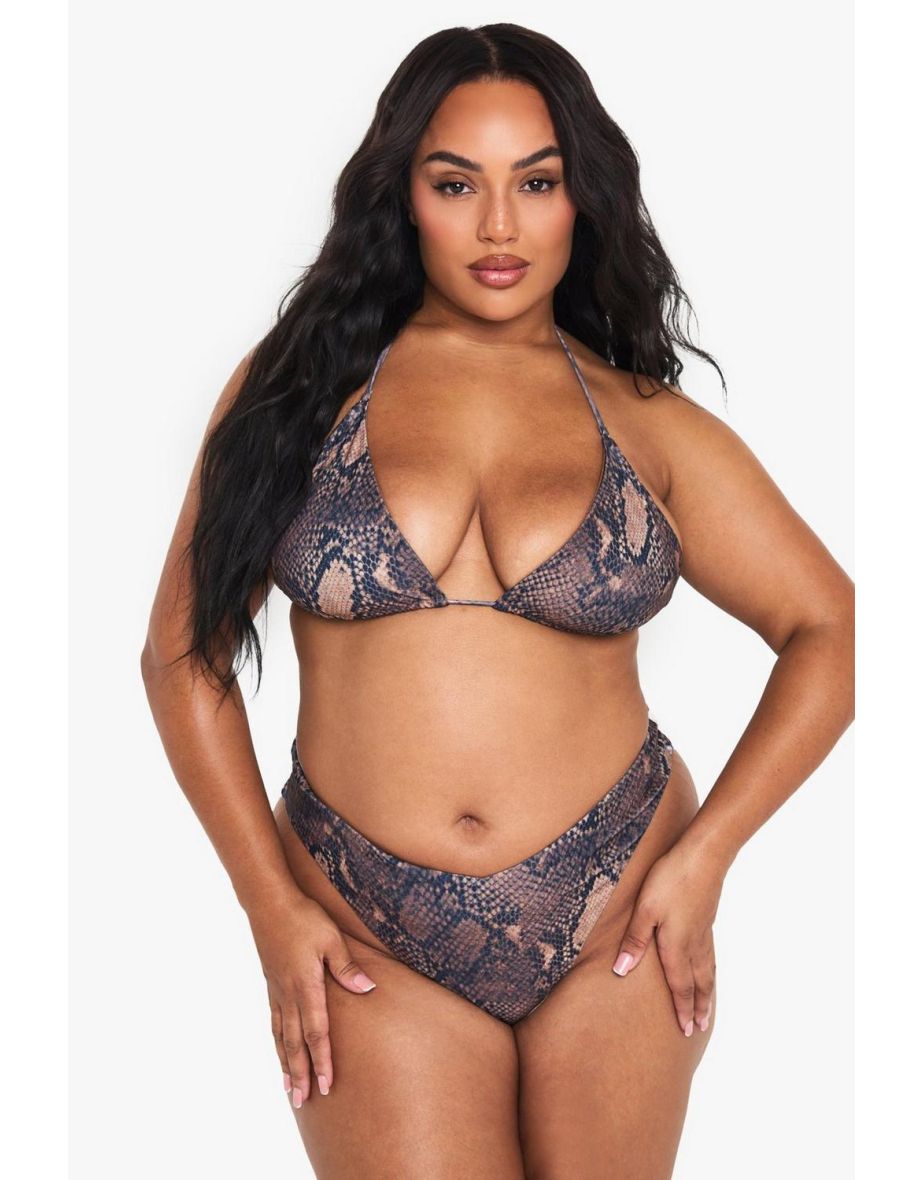 Plus Snake Print V Shape High Waisted Bikini Bottoms - snake