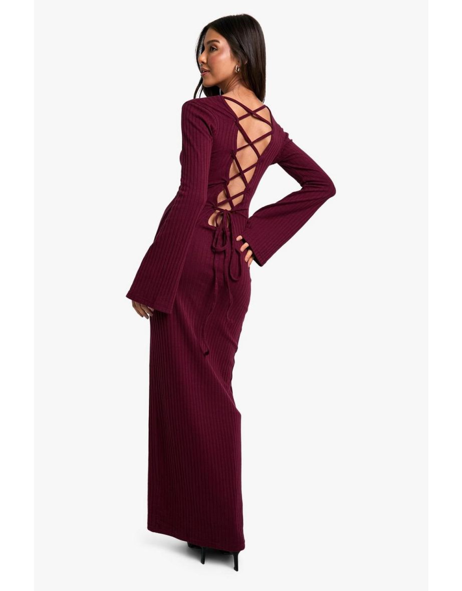 Wide Rib Tie Back Flare Sleeve Maxi Dress