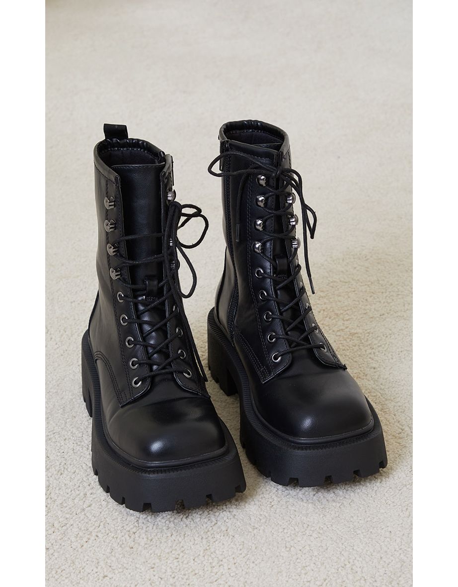 Black Chunky Lace Up Hiker Biker Boots - 3