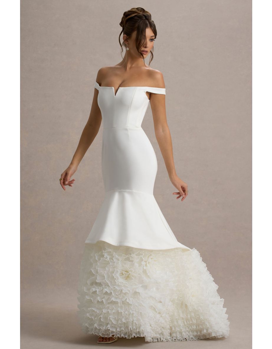 The Greatest | White & Cream Bardot Maxi Dress With Tulle Skirt