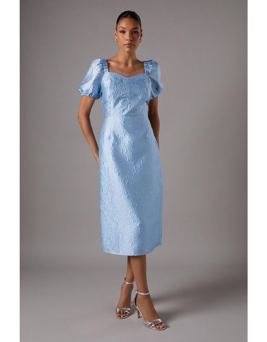 Textured Fitted Midi Dress With Puff Sleeve