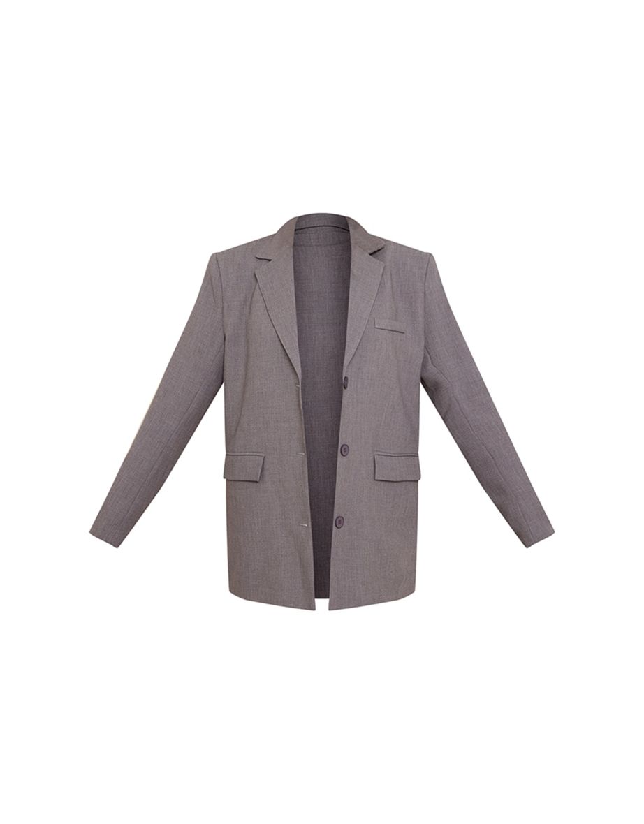 Grey Textured Look Shoulder Padded Oversized Blazer - 4