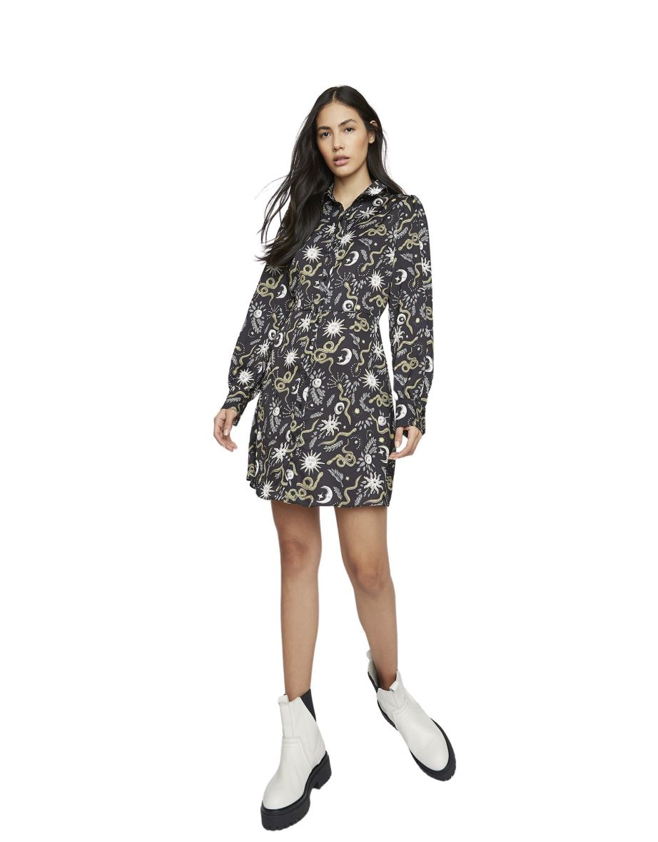 Glamorous Black Sun and Moon Print Long Sleeve Shirt Dress
