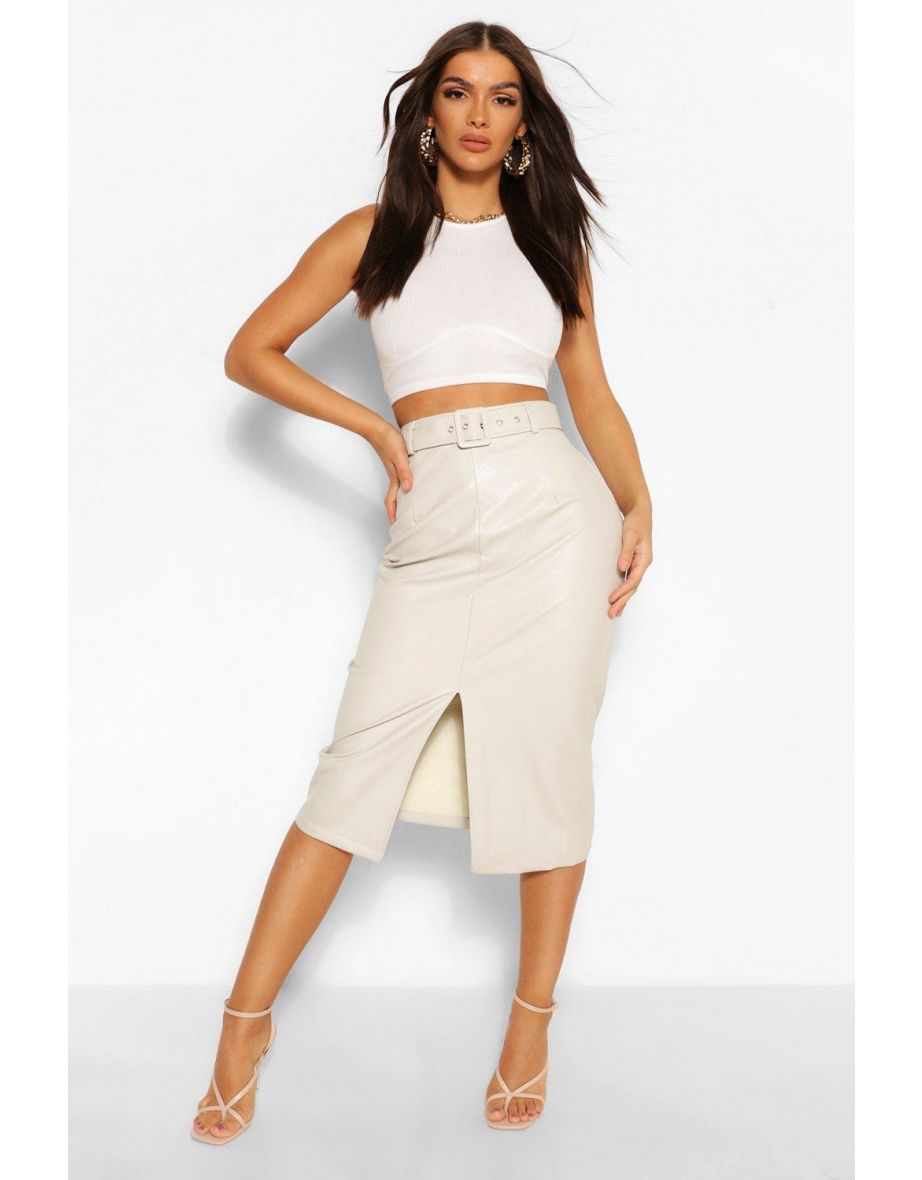 Leather Look Belted Long Line Midi Skirt - black - 3