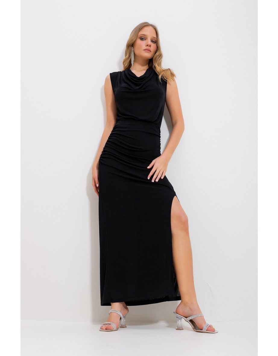 Women's Black Turndown Collar Draped Slit Buzzy Evening Dress - 3