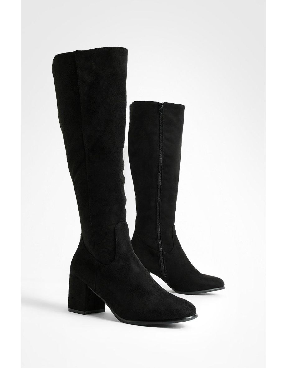 Low Block Basic Pull On Knee High Boots - black