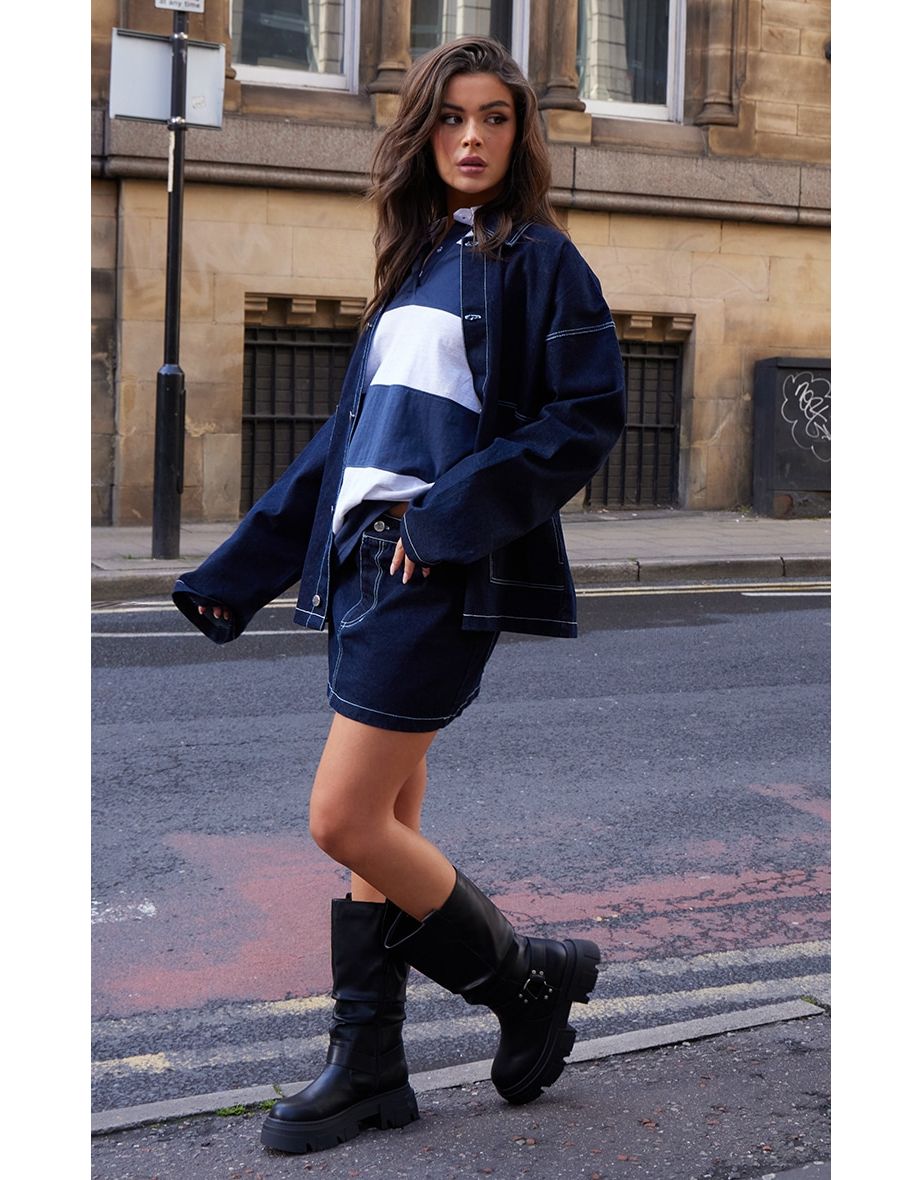 Black Round Toe Buckle Knee High Chunky Boots