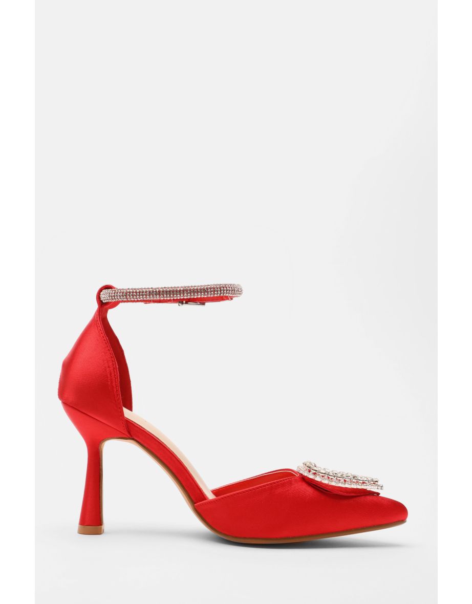 Red Satin Diamante Heart Brooch Court Heels - 5