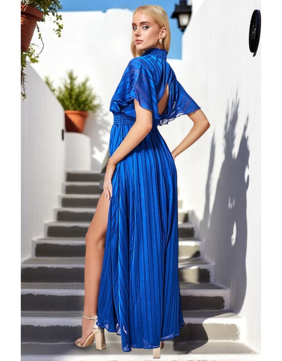 Goddiva Keyhole High Neck Flutter Sleeve Maxi - Royal Blue - 1