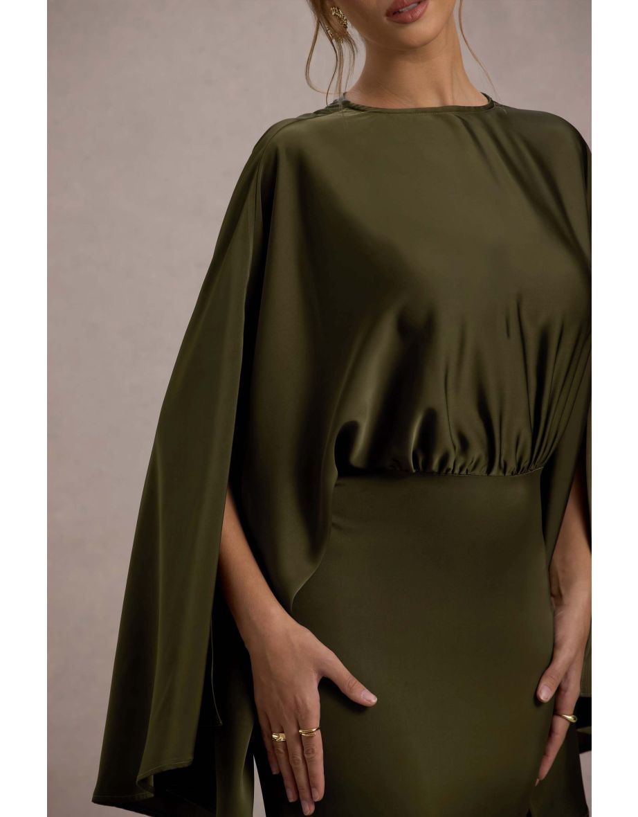 Zuzanna | Khaki Draped Maxi Dress With Cape Sleeves - 6