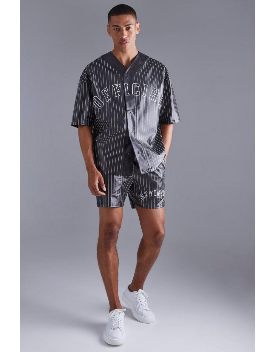 Short Sleeve Oversized Pu Baseball Shirt & Short Set - black
