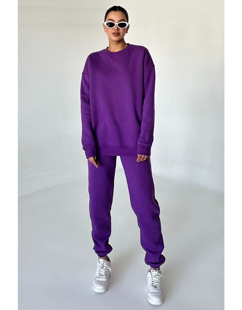 Purple Crew Neck Plain Oversize Bottom-Top Tracksuit Set