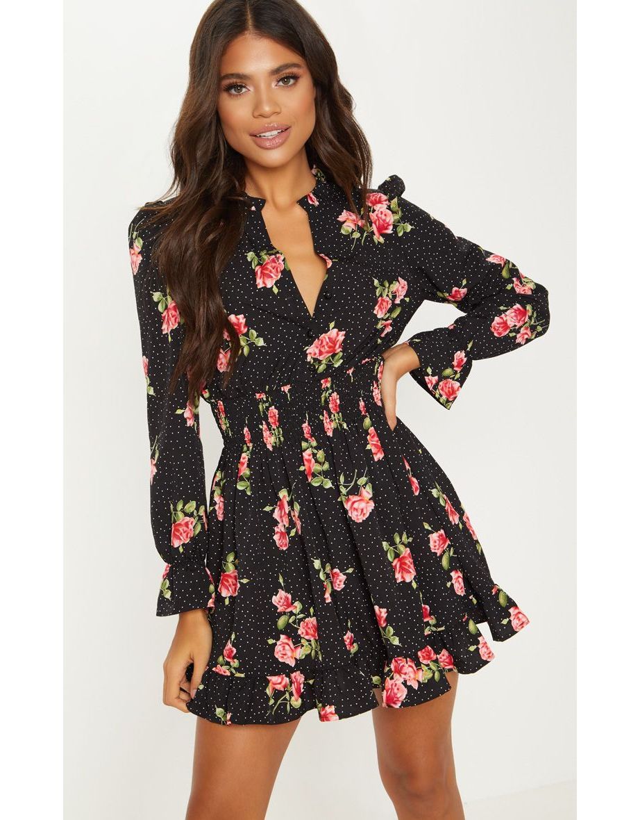 Black Floral Polka Dot Shirred Waist Shirt Dress