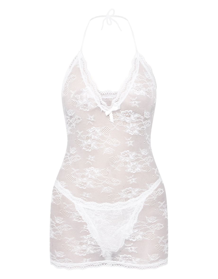 White Lace Slip Dress and Thong Lingerie Set - 3
