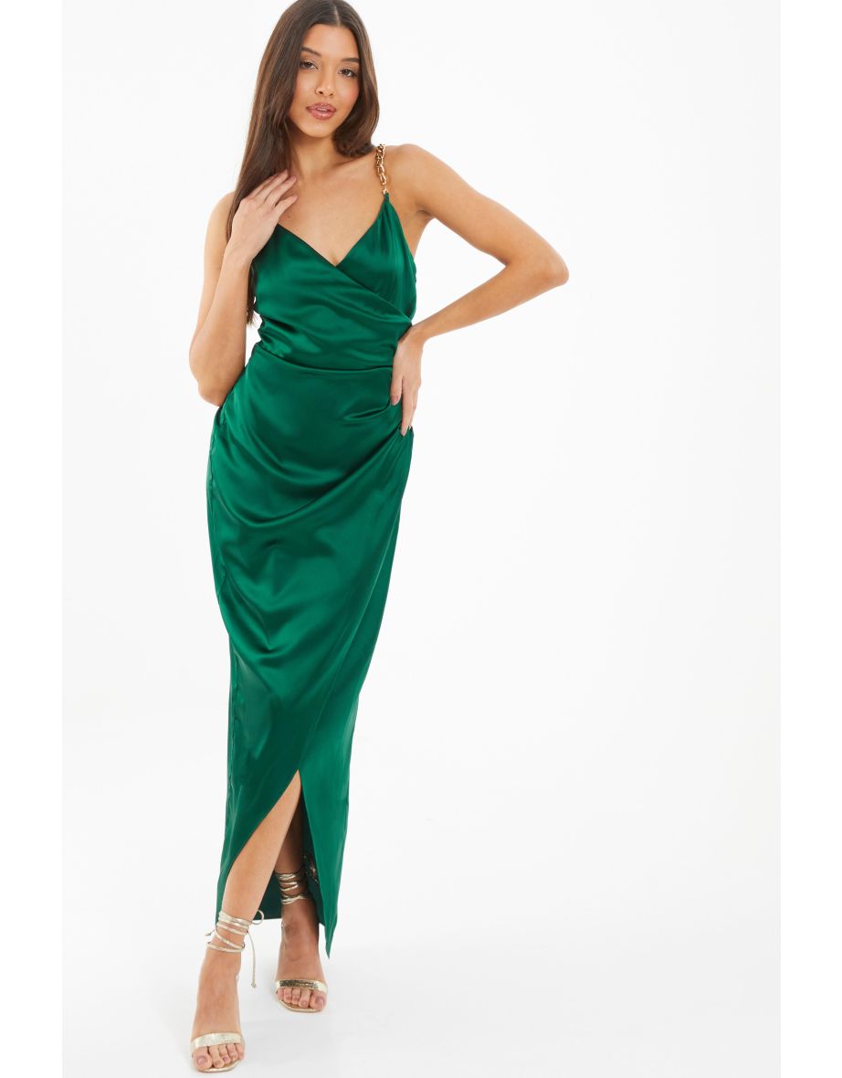 Shop Bottle Green Satin Wrap Maxi Dress Online in Bahrain VogaCloset